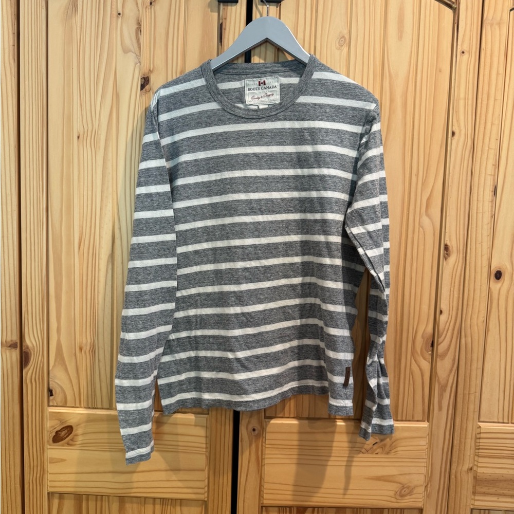 Gray and White Striped Long Sleeve Shirt